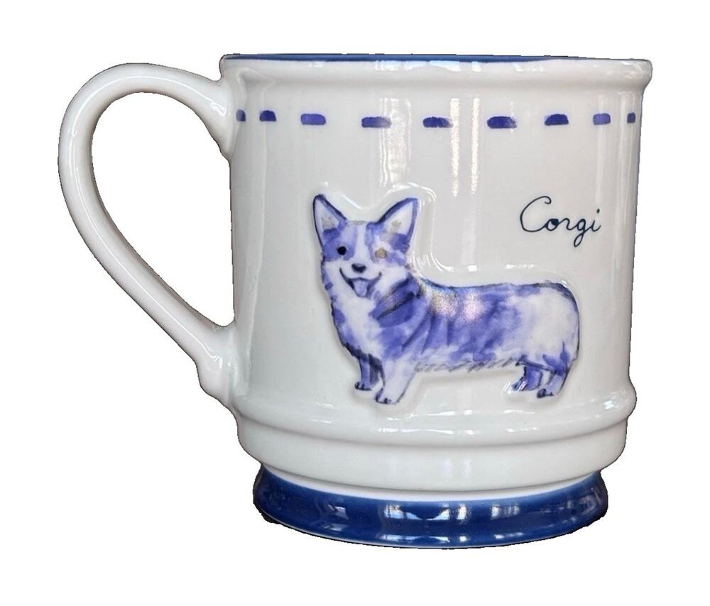 NEW Dwell Studio-Corgi Dog Ceramic Coffee Mug Navy Cream Watercolor Embossed